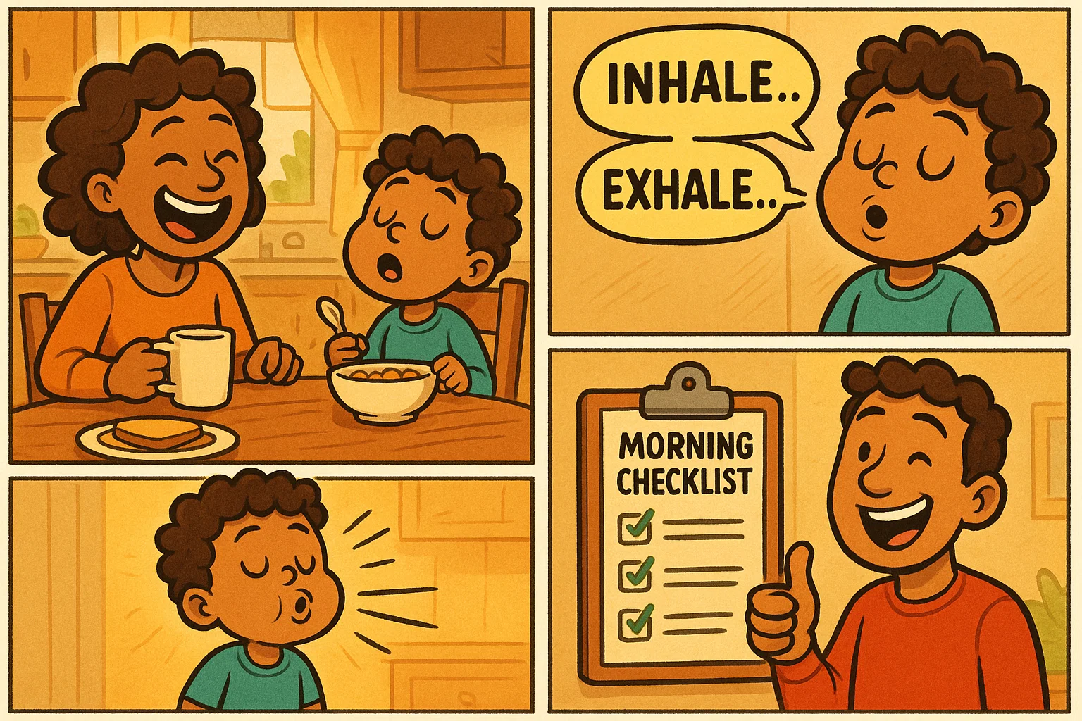  Fun cartoon of real parent tips for calm school mornings with happy family scenes.