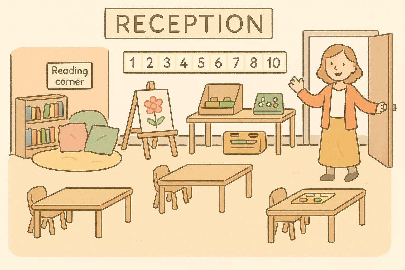 Reception class overview with learning zones, reading corner and activity areas.