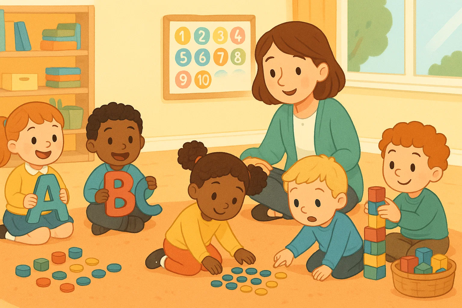  Reception learning areas with children doing literacy, maths and playful group activities.