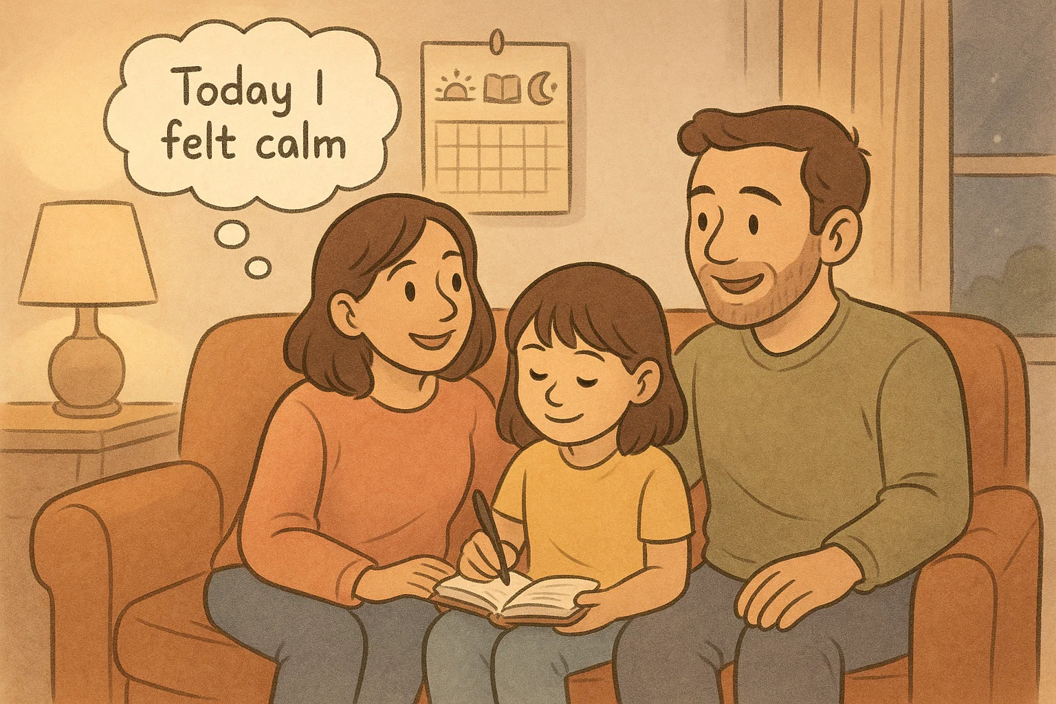 Cartoon of family reflecting on calm routines with a child writing in a peaceful journal.