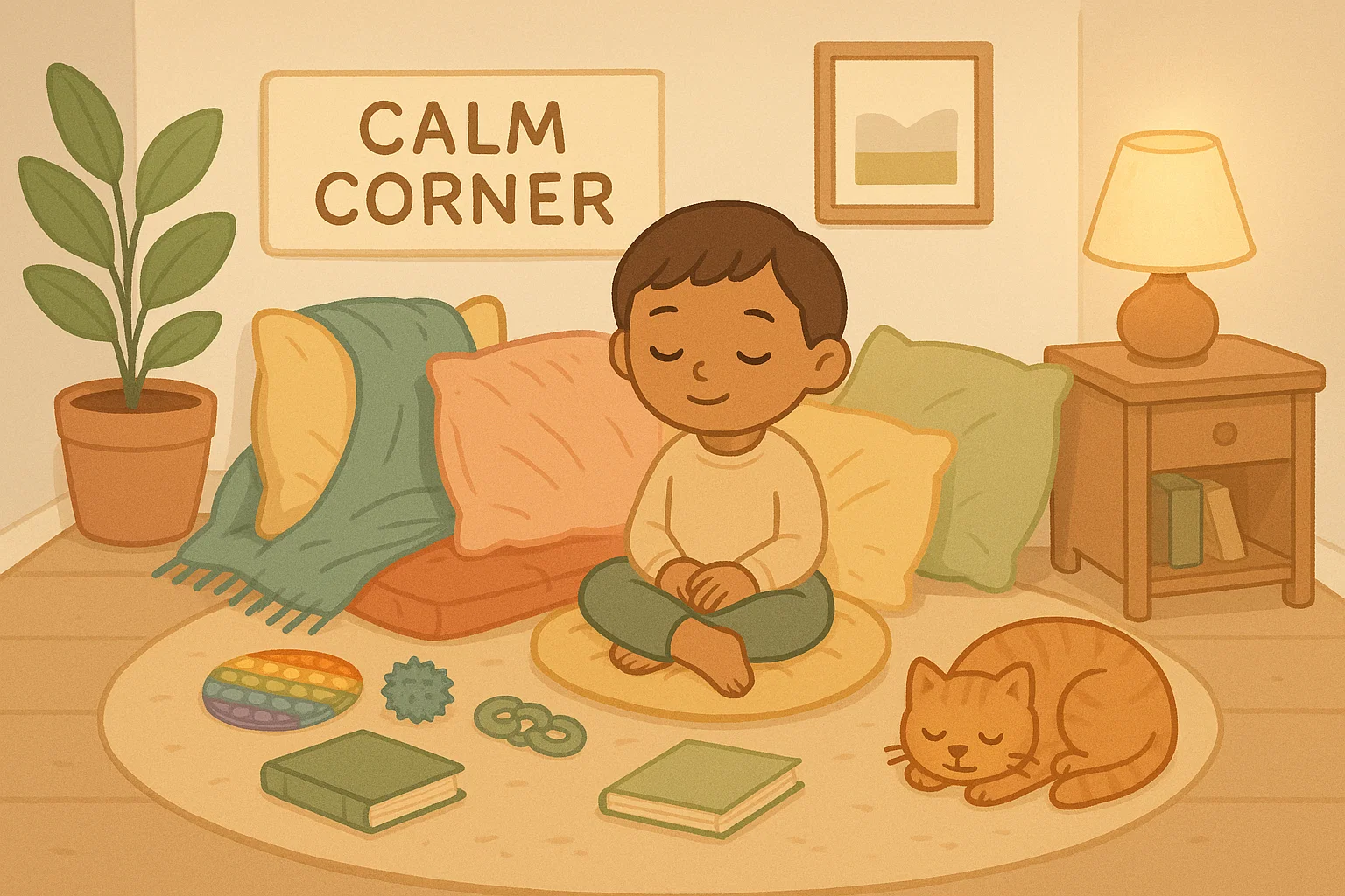 Relaxing after school environment cartoon with cozy calm corner setup.