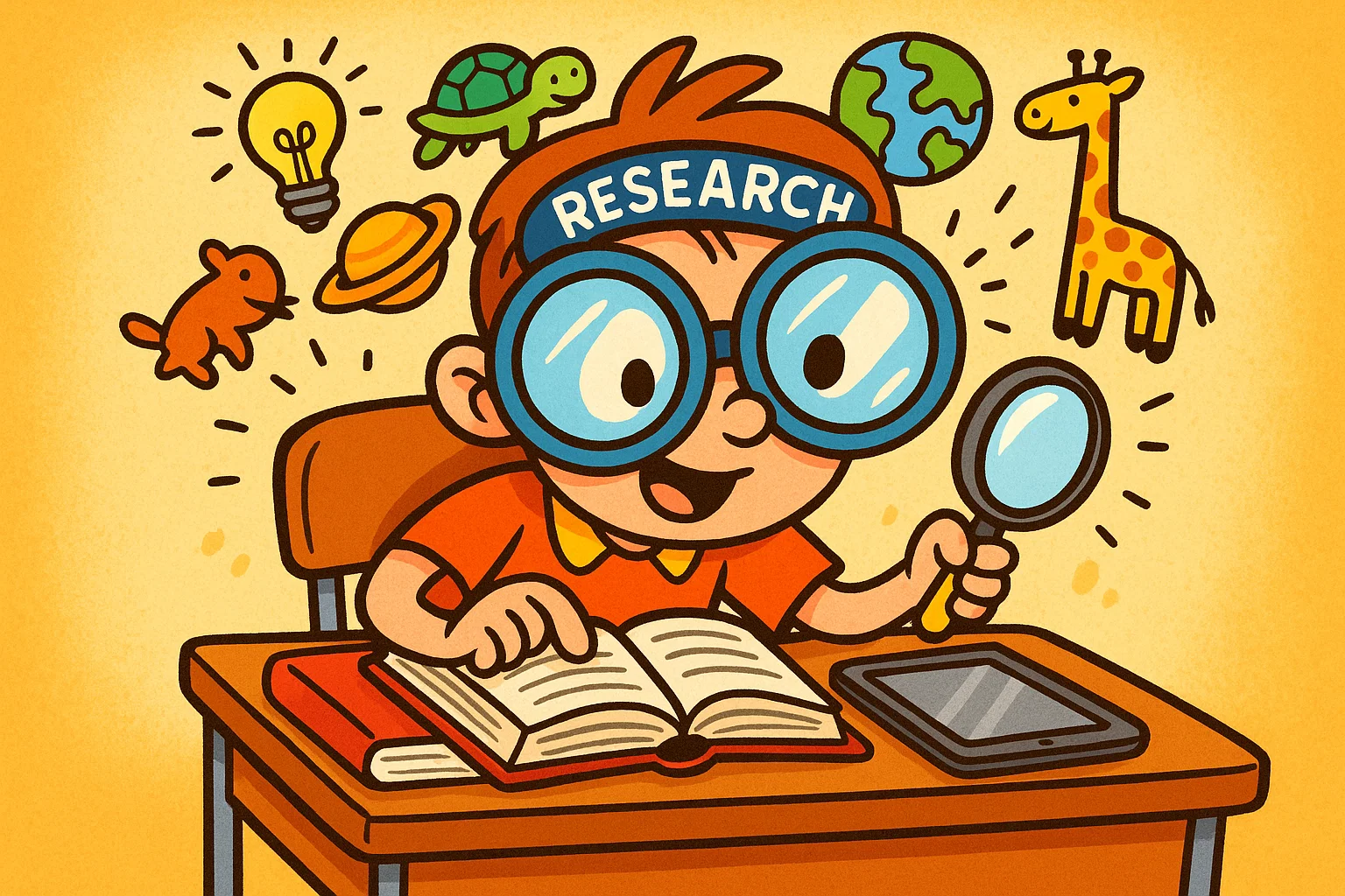 Research writing topics grade 5 cartoon with student investigating ideas with books.