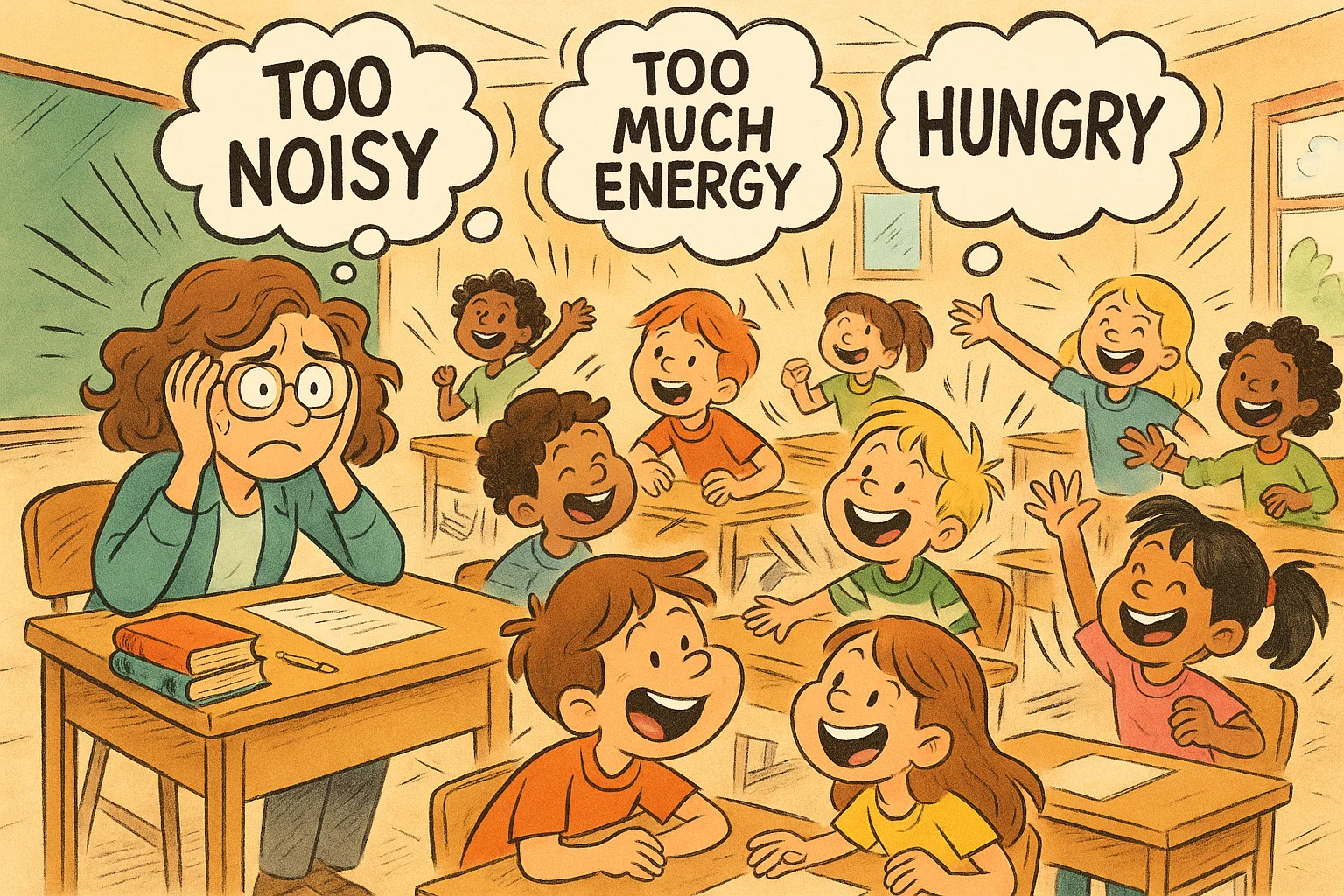 Cartoon of restless students in noisy classroom and teacher restoring calm.