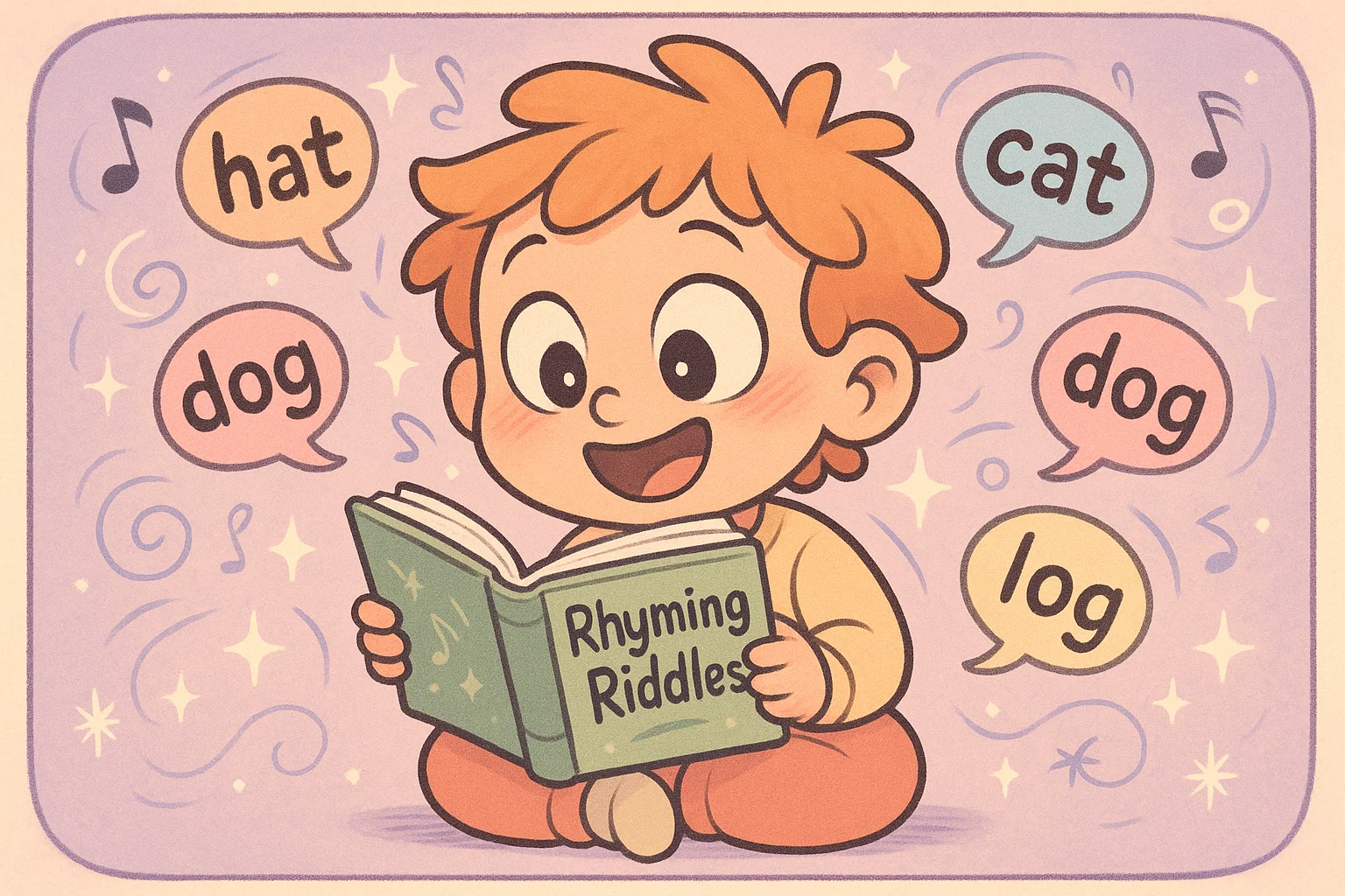  Kid having fun learning rhyming riddles for kids with playful letters and doodles.
