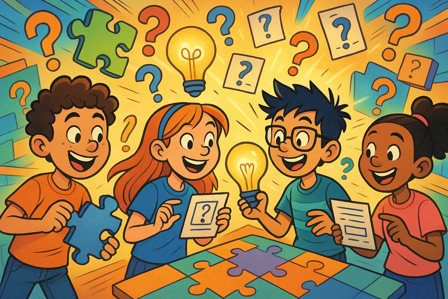 Kids solving riddles in a fun world of wits and wonder for 11 year olds.