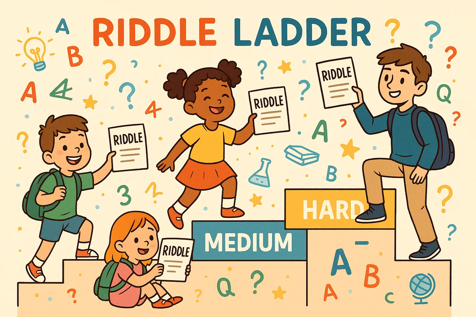 Children of various grades climbing riddle levels from easy to hard in a fun classroom.