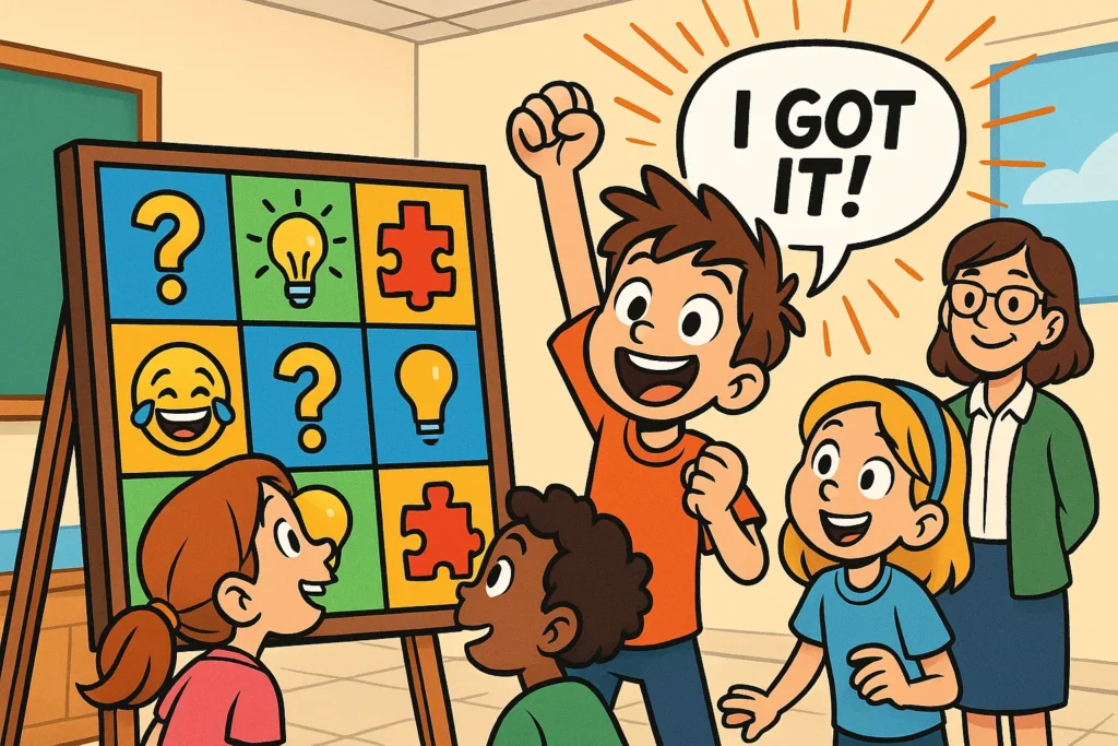 Kids solving riddles for 10 year olds with answers in a playful classroom.