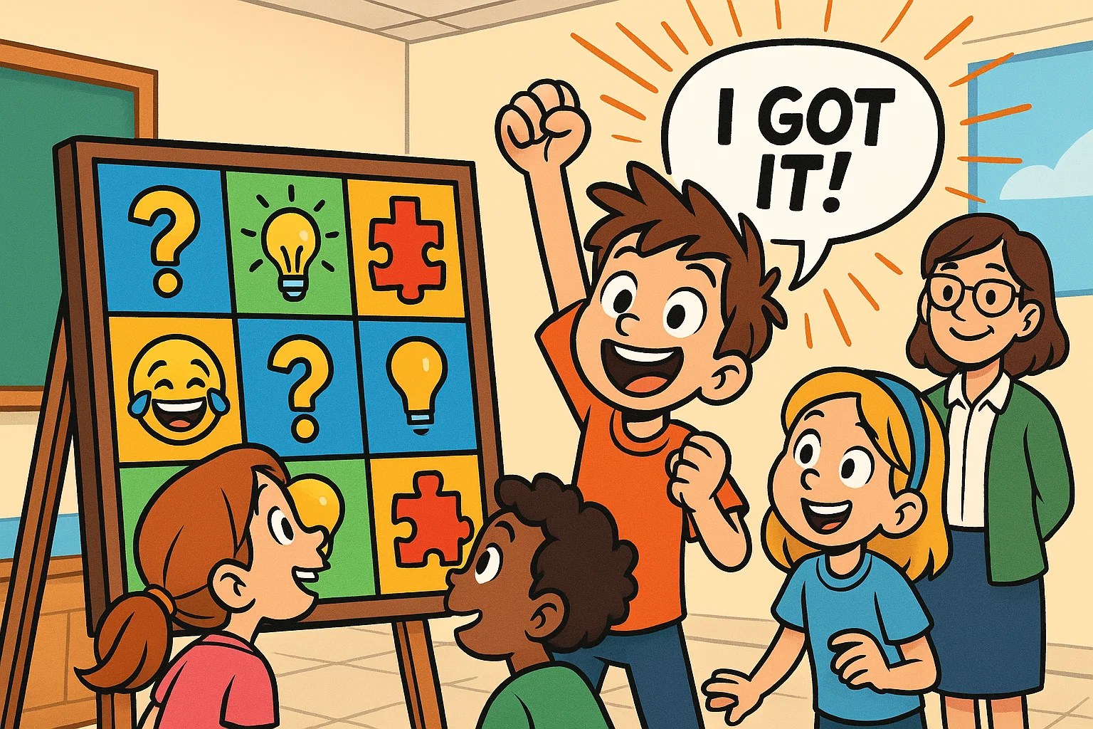 Kids solving riddles for 10 year olds with answers in a playful classroom.