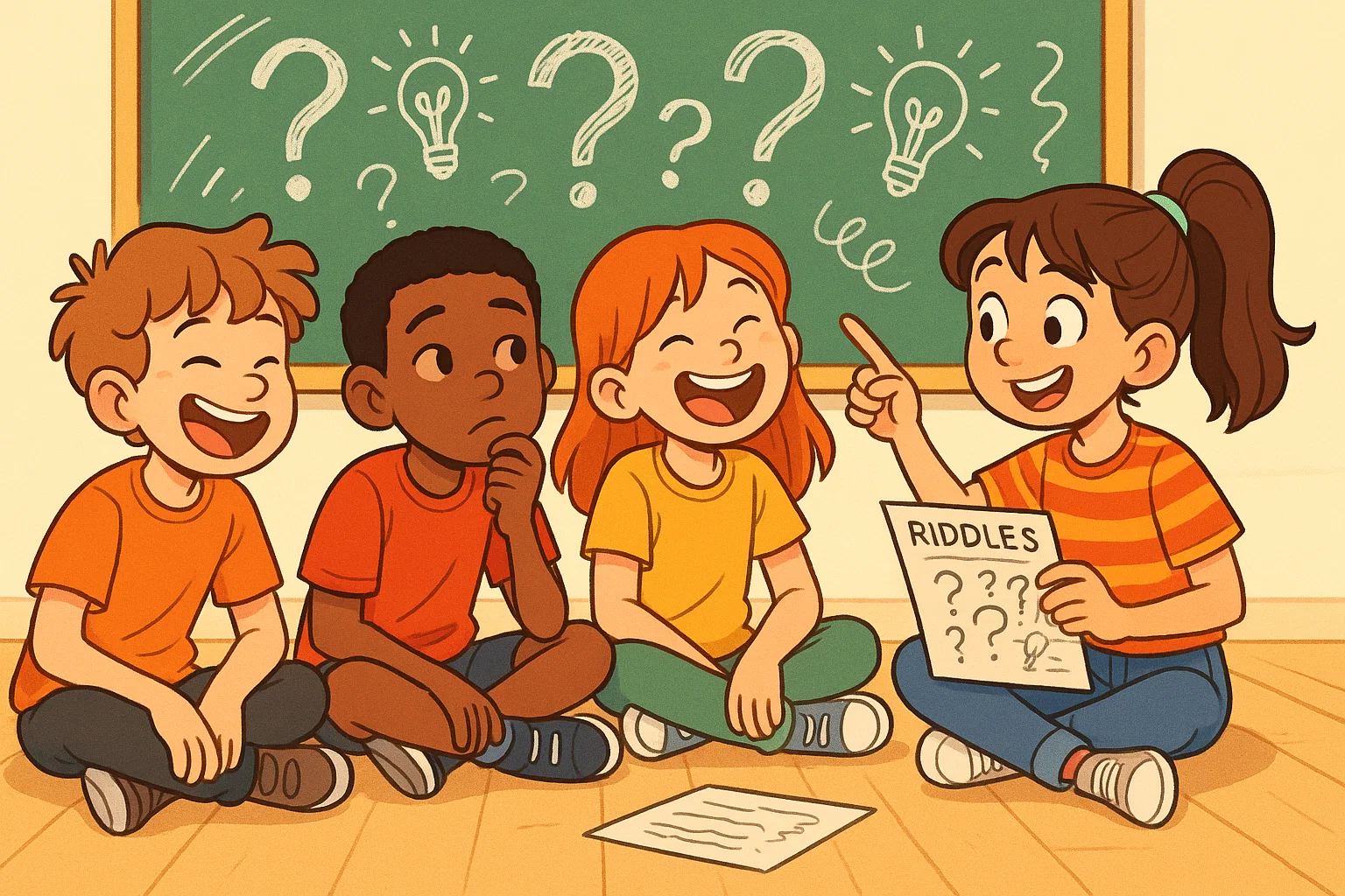 Group of 12 year olds solving clever riddles in a bright classroom.