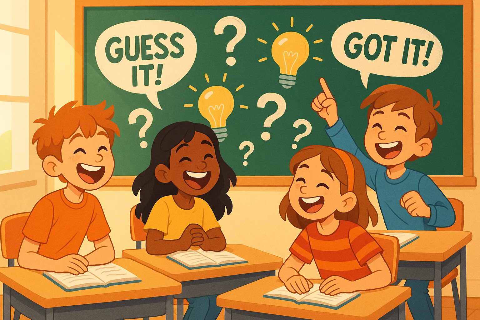 Cartoon of smiling 13 year olds solving riddles in a classroom.