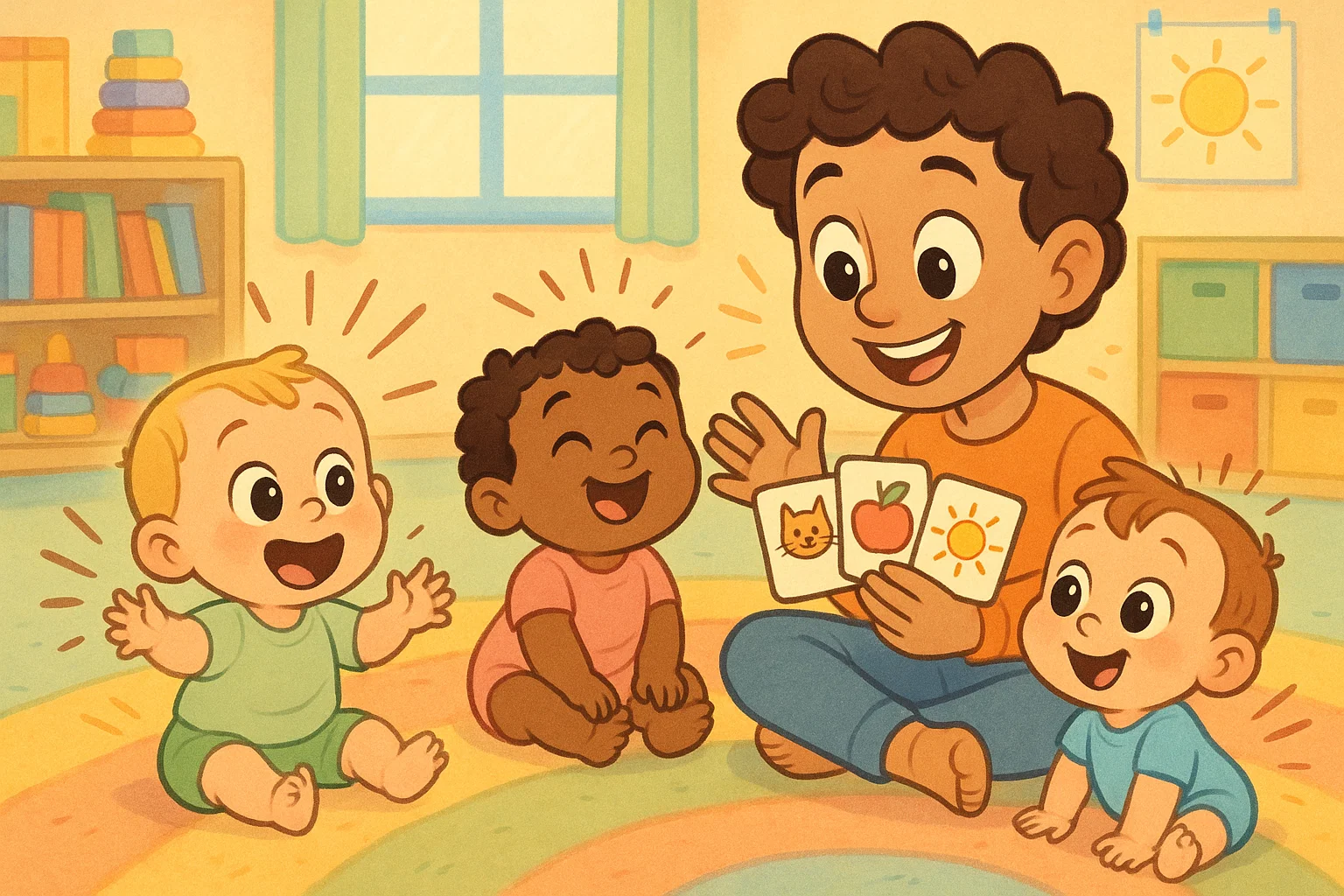 Toddlers solving fun riddles with picture cards while learning and smiling together.