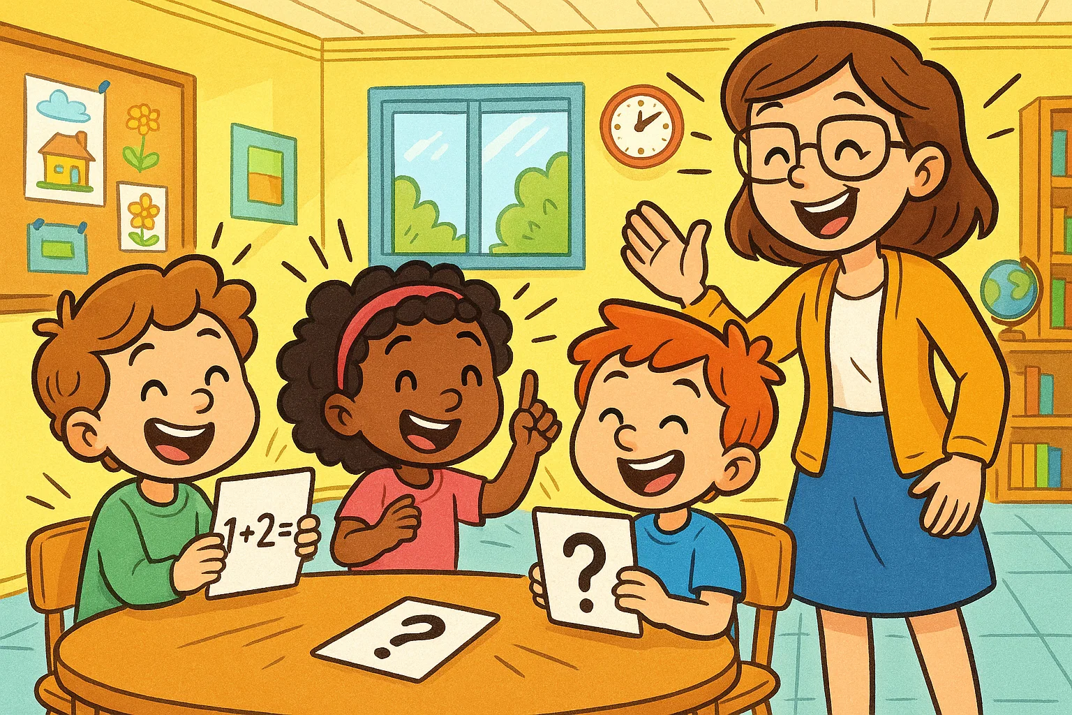 Preschool kids solving fun riddles for 4 year olds with a teacher in a colorful classroom.