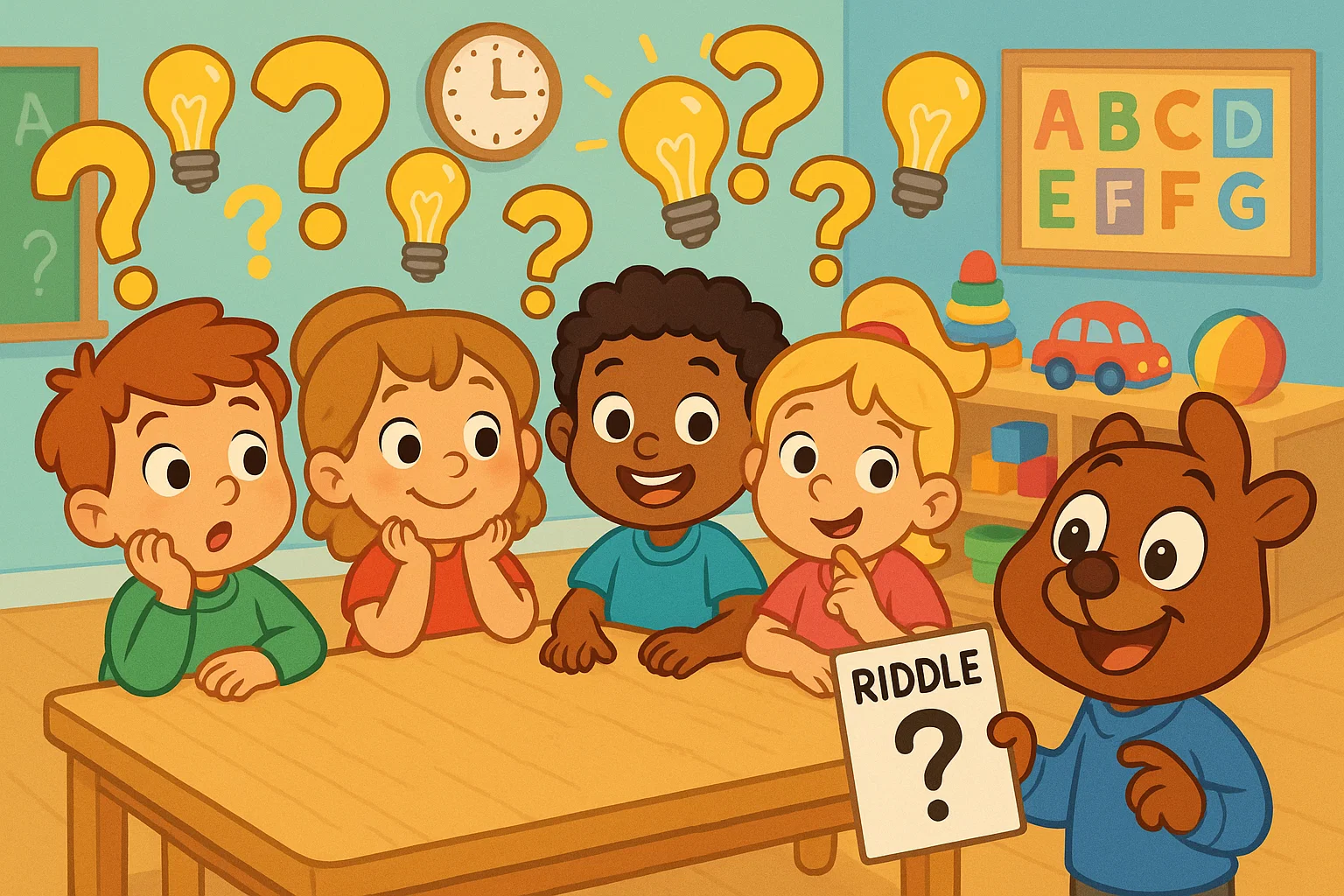 Kids solving riddles for 5 year olds with answers in a playful cartoon classroom scene.