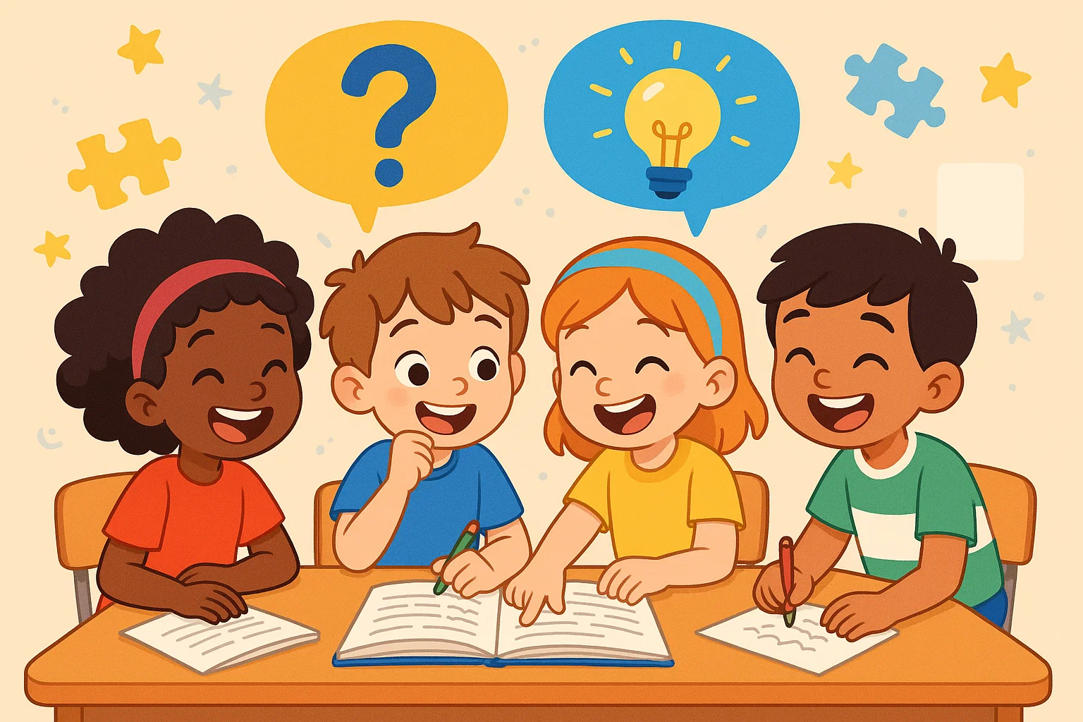 Playful kids solving riddles for 6 year olds with answers at a school table.