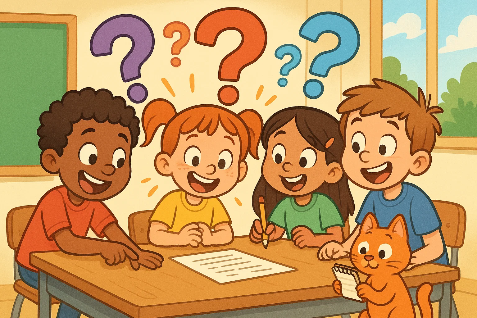 Kids solving fun riddles with answers in a playful classroom setting.