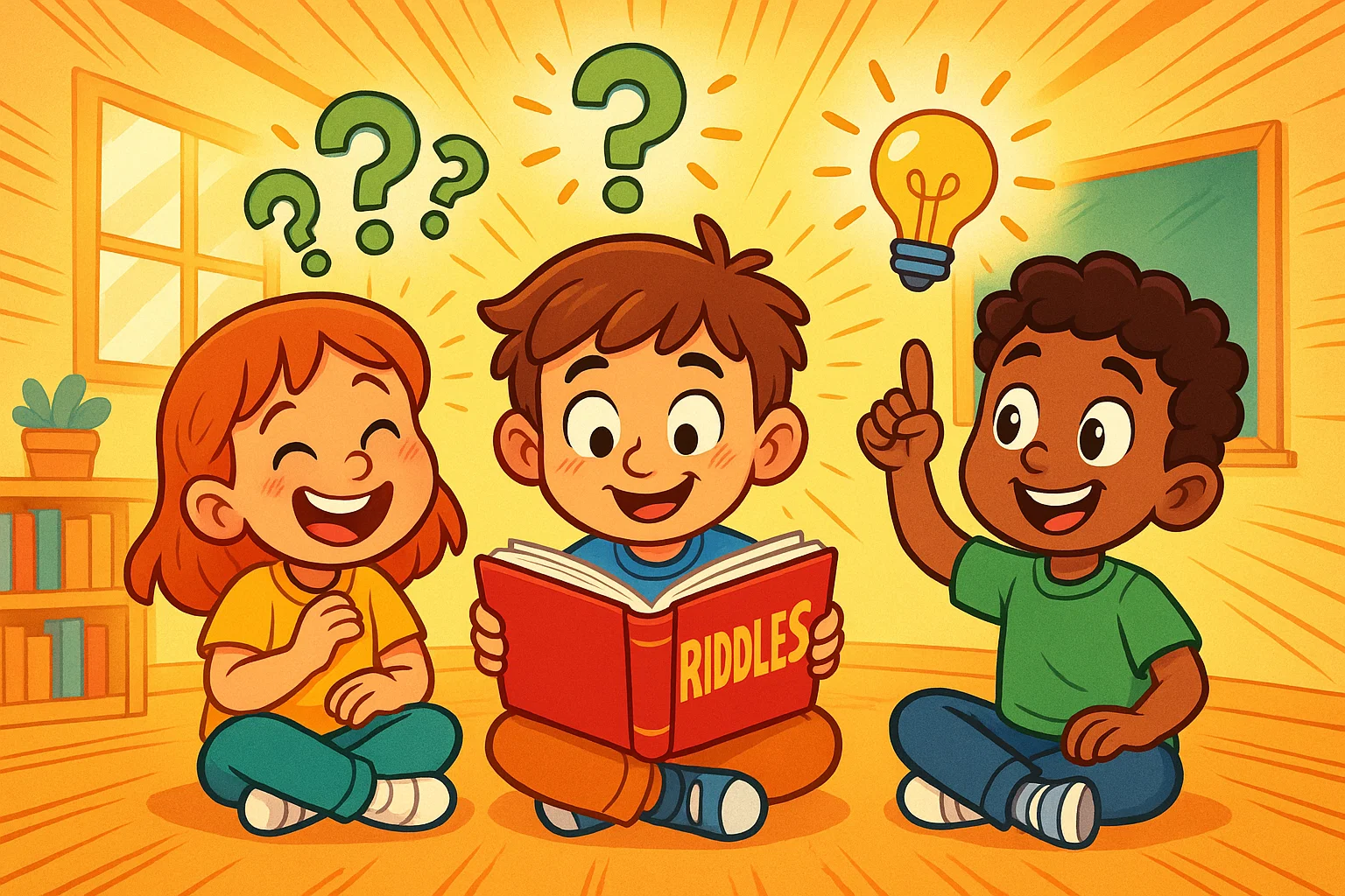 Kids solving riddles for 8 year olds with answers in a colorful cartoon classroom.