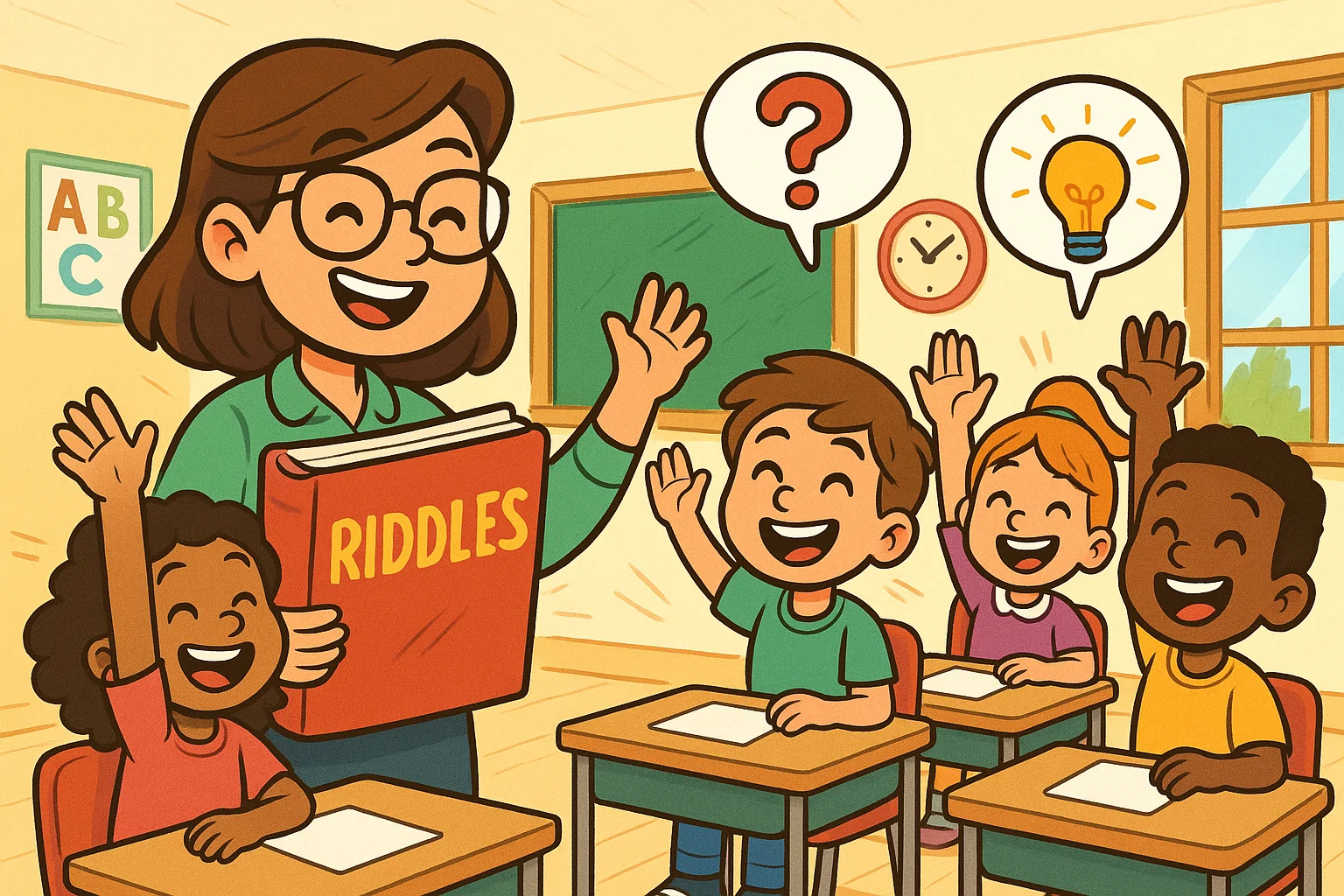 Fun riddles for 9 year olds in a cartoon classroom with kids and teacher solving puzzles.