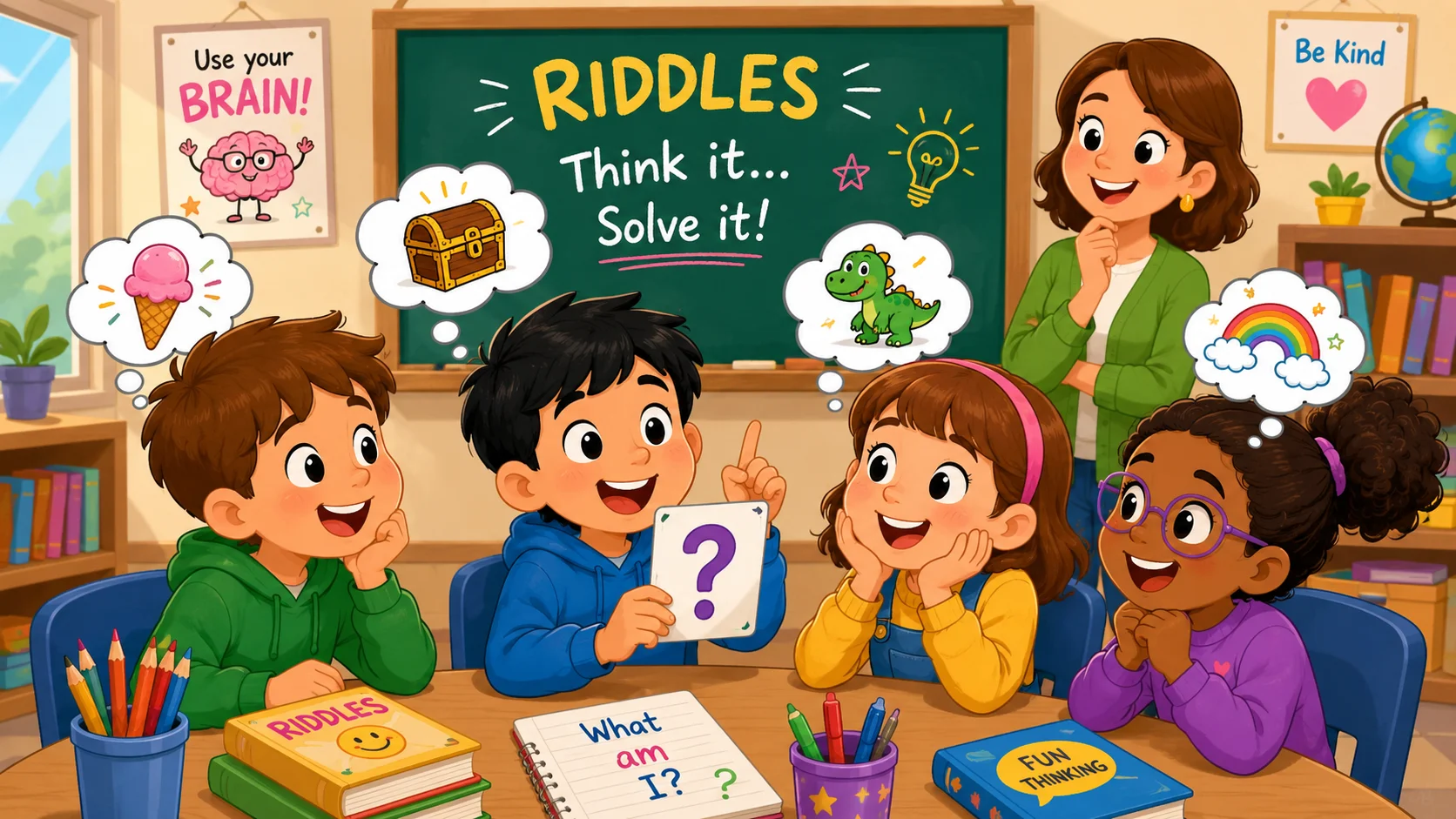 Riddles for kids classroom with children solving fun riddle cards.