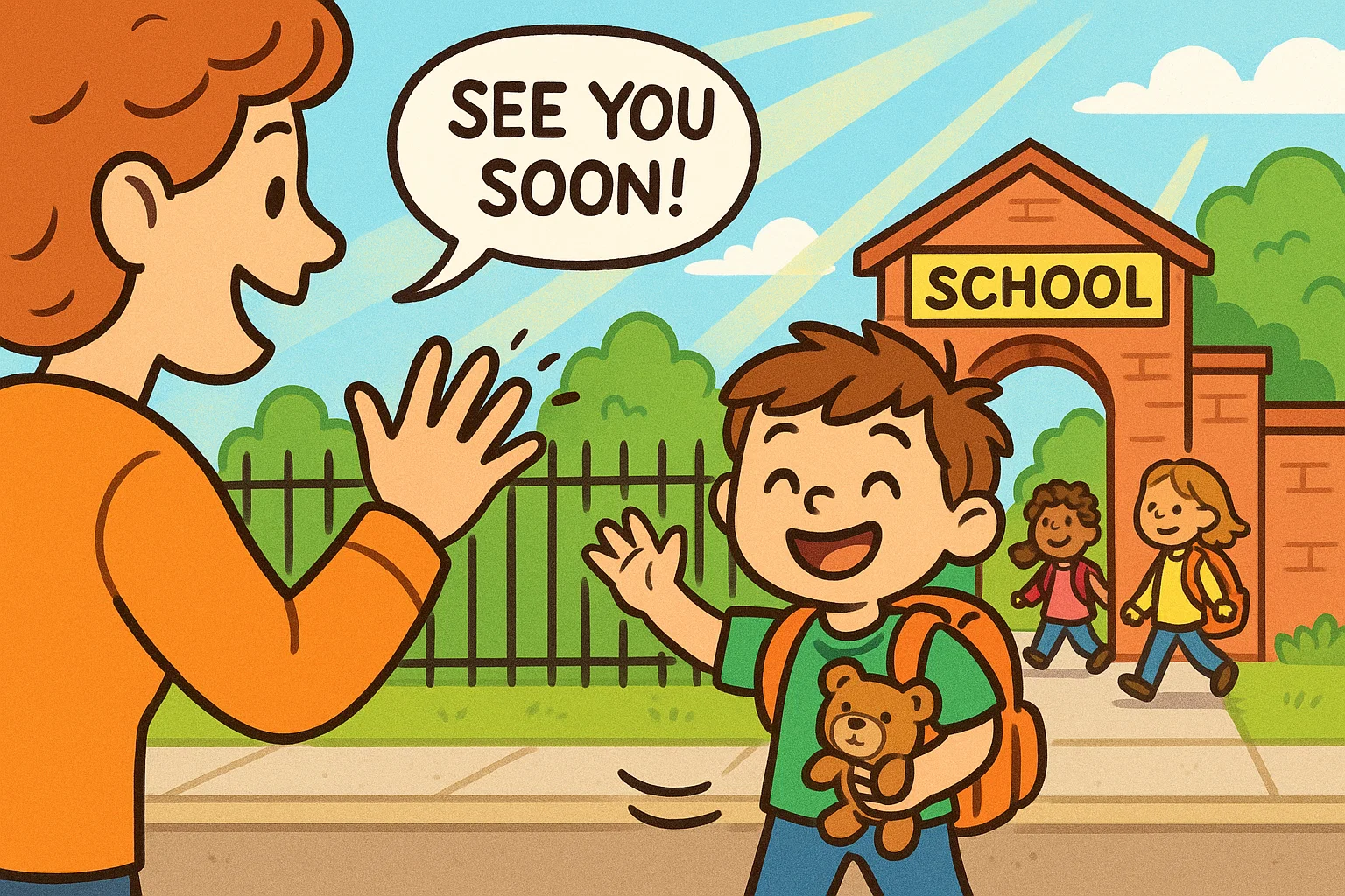 Cartoon of school drop off with happy parent waving to child near the school gate.