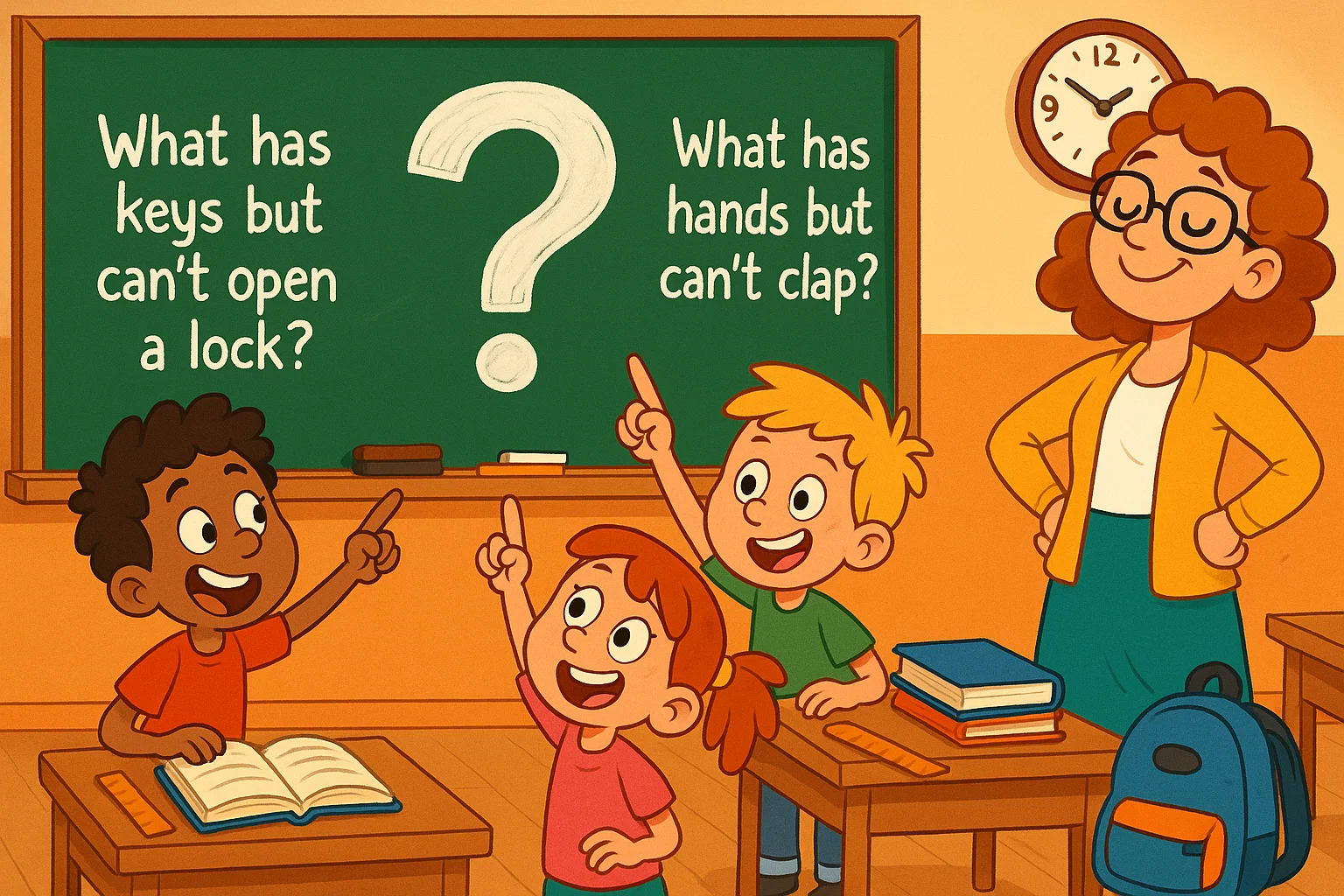 Classroom cartoon where kids solve school riddles for 8 year olds with chalkboard clues.