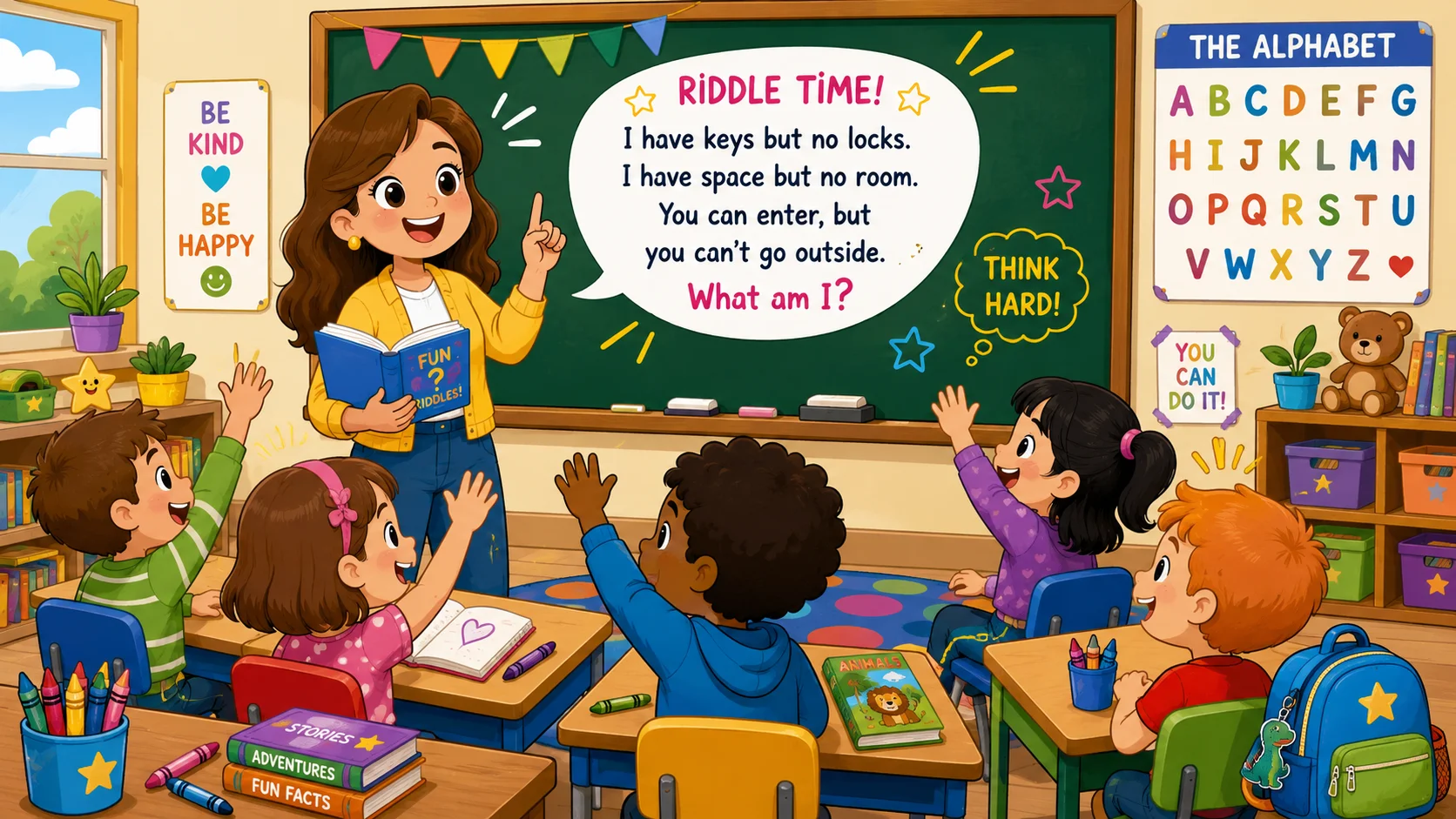 School riddles for kindergarten classroom with teacher and kids raising hands.