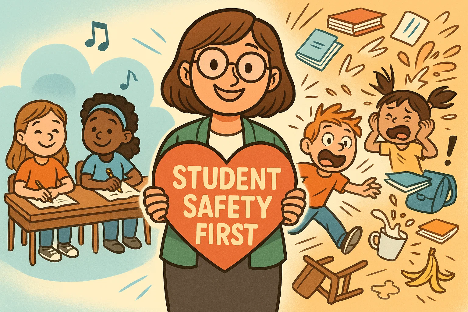 Cartoon explaining why schools prioritize student safety with calm and chaotic classroom moments.