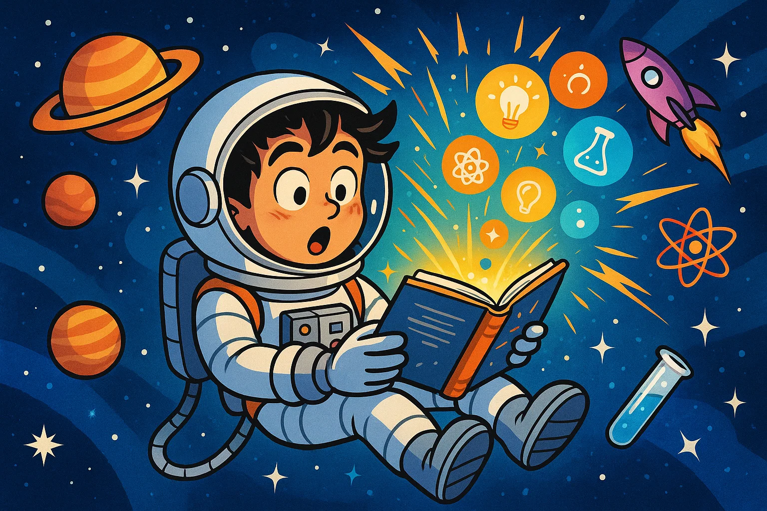  Cartoon teen astronaut floating among planets and science fun facts in space.
