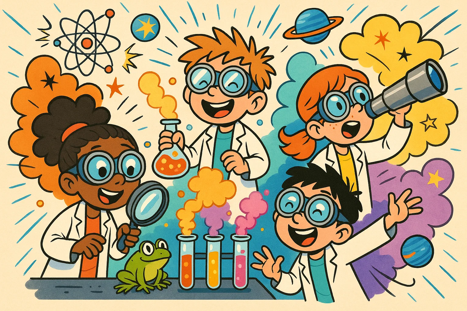 Kids explore science fun facts with experiments, space, and colorful chemistry.