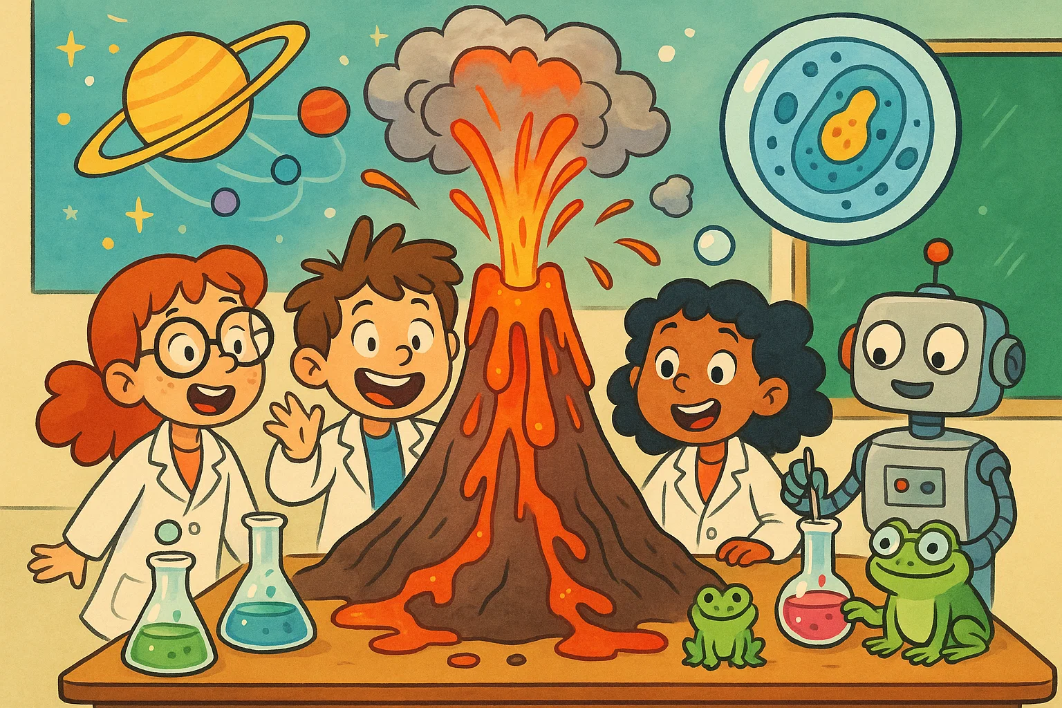 Cartoon kids learning science fun facts for 7 year olds with lab and planets.
