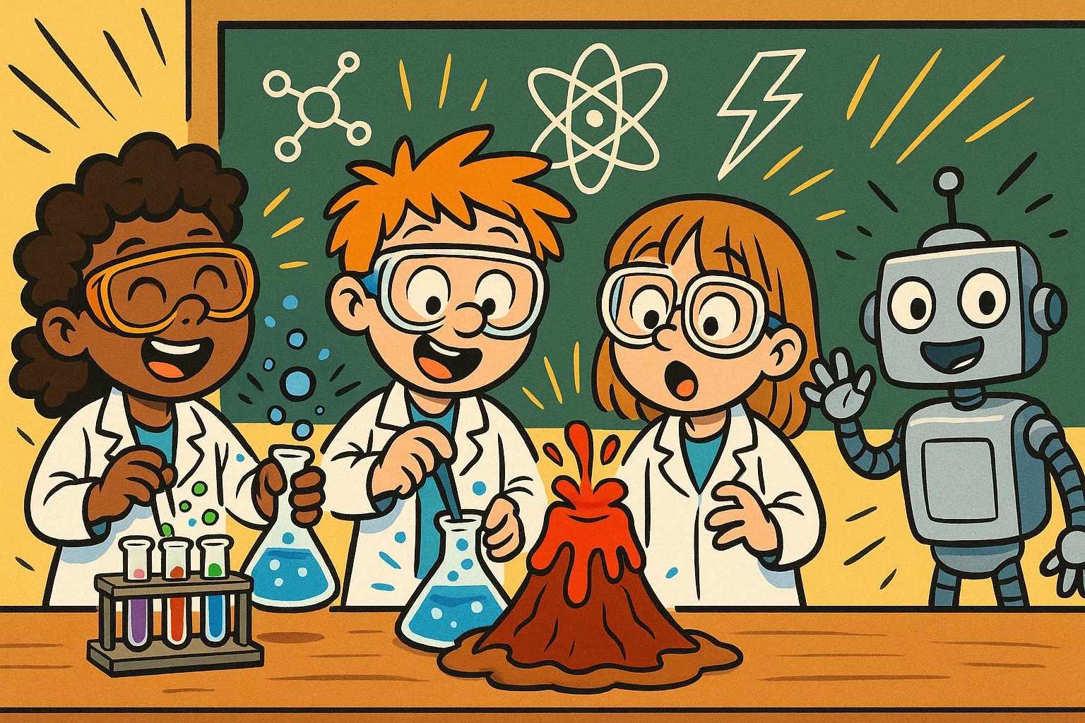 Cartoon of young scientists exploring fun science facts for 8 year olds in a lab.
