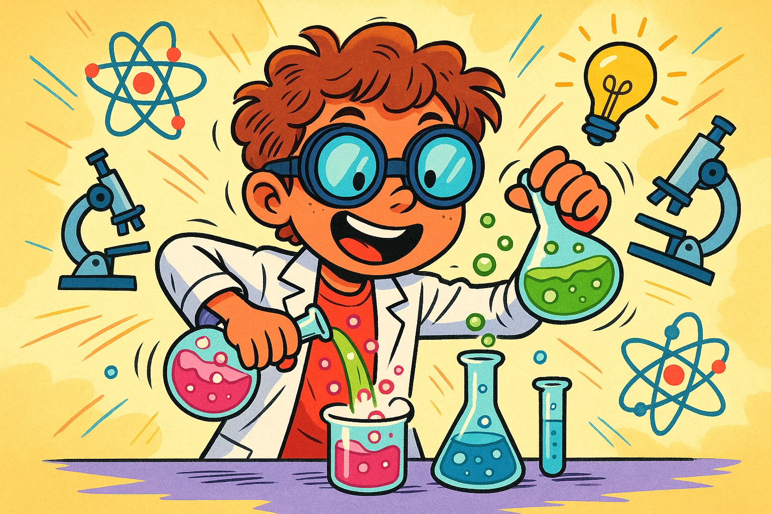 Cartoon of 9 year old scientist mixing experiments in fun science lab.

