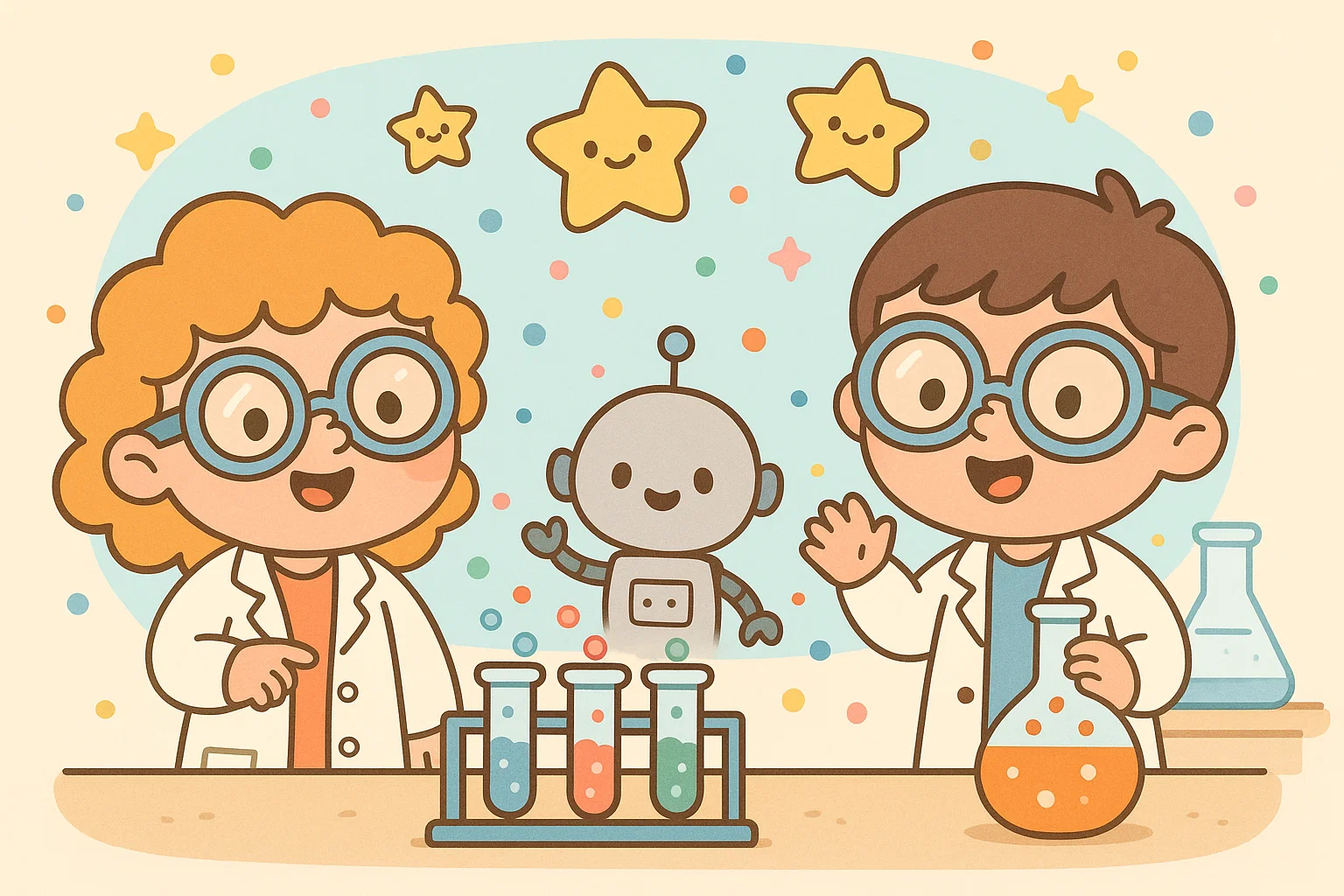 Kindergarten kids exploring science fun facts in a colorful cartoon lab.