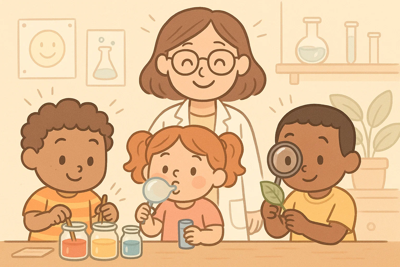 Preschoolers learning science fun facts through cartoon experiments with bubbles.