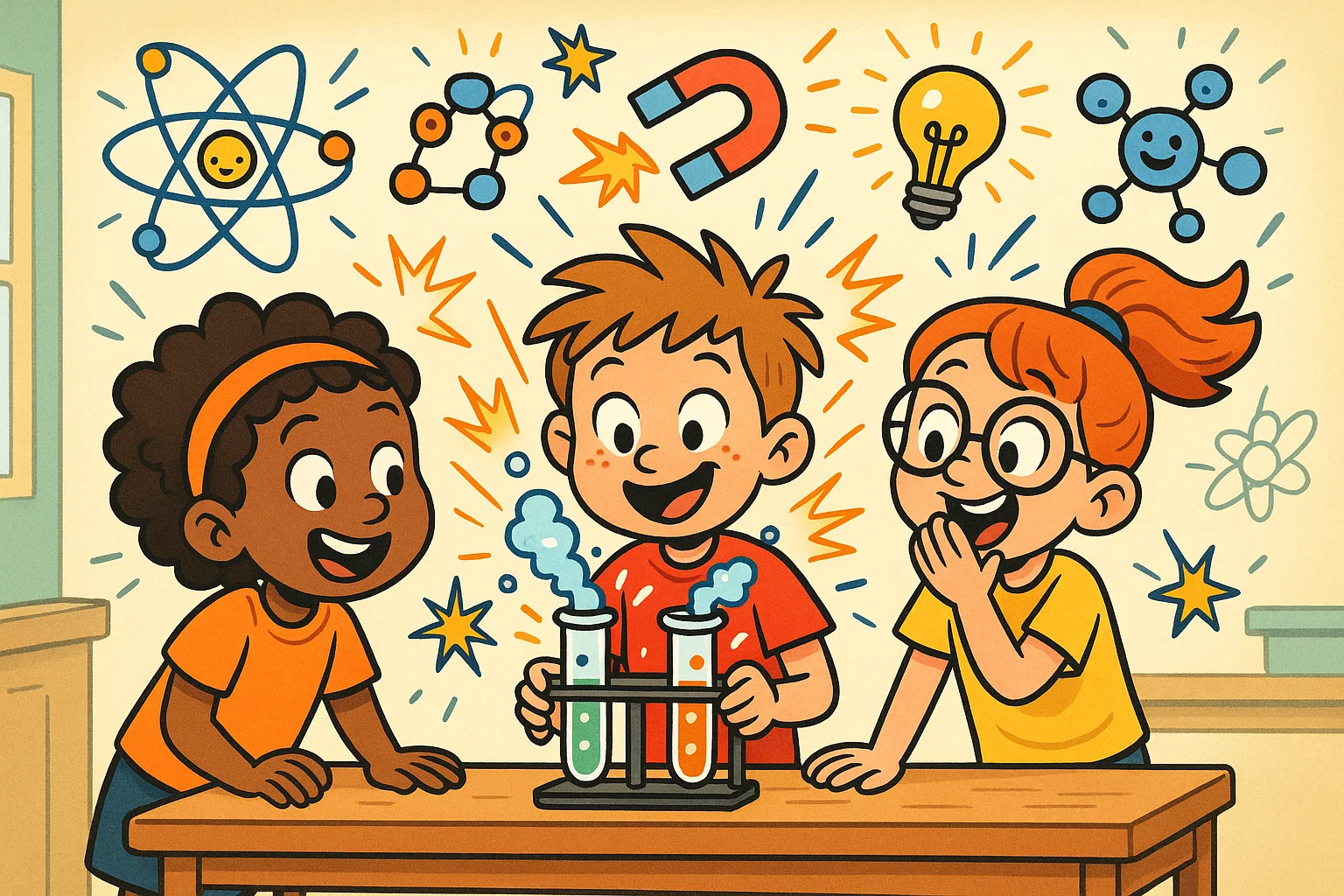 Science fun facts primary students cartoon with children doing experiments.