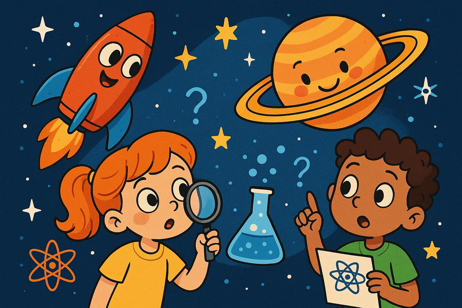 Kids enjoying science riddles for 6 year olds with planets and simple science icons.
