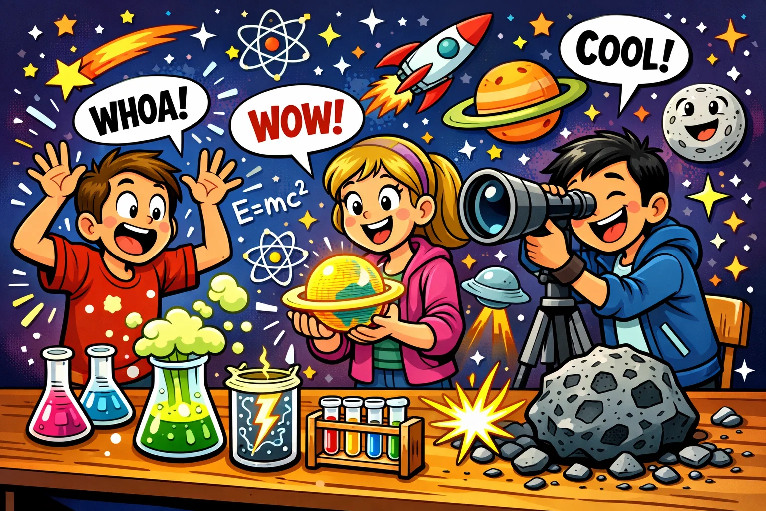 Teenagers discovering space and science facts with planets and experiments in a fun cartoon scene.
