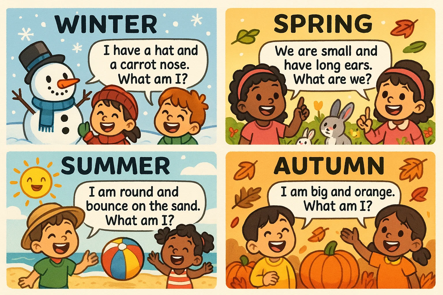  Students solving seasonal and holiday riddles in colorful playful scenes.