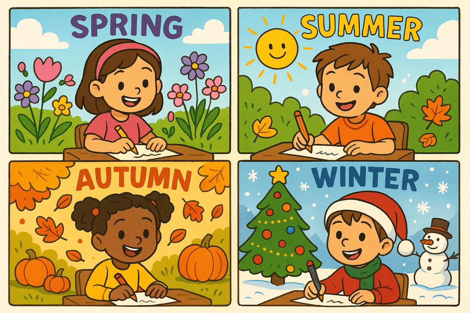 Seasonal and holiday writing prompts for 1st grade showing kids enjoying seasons.