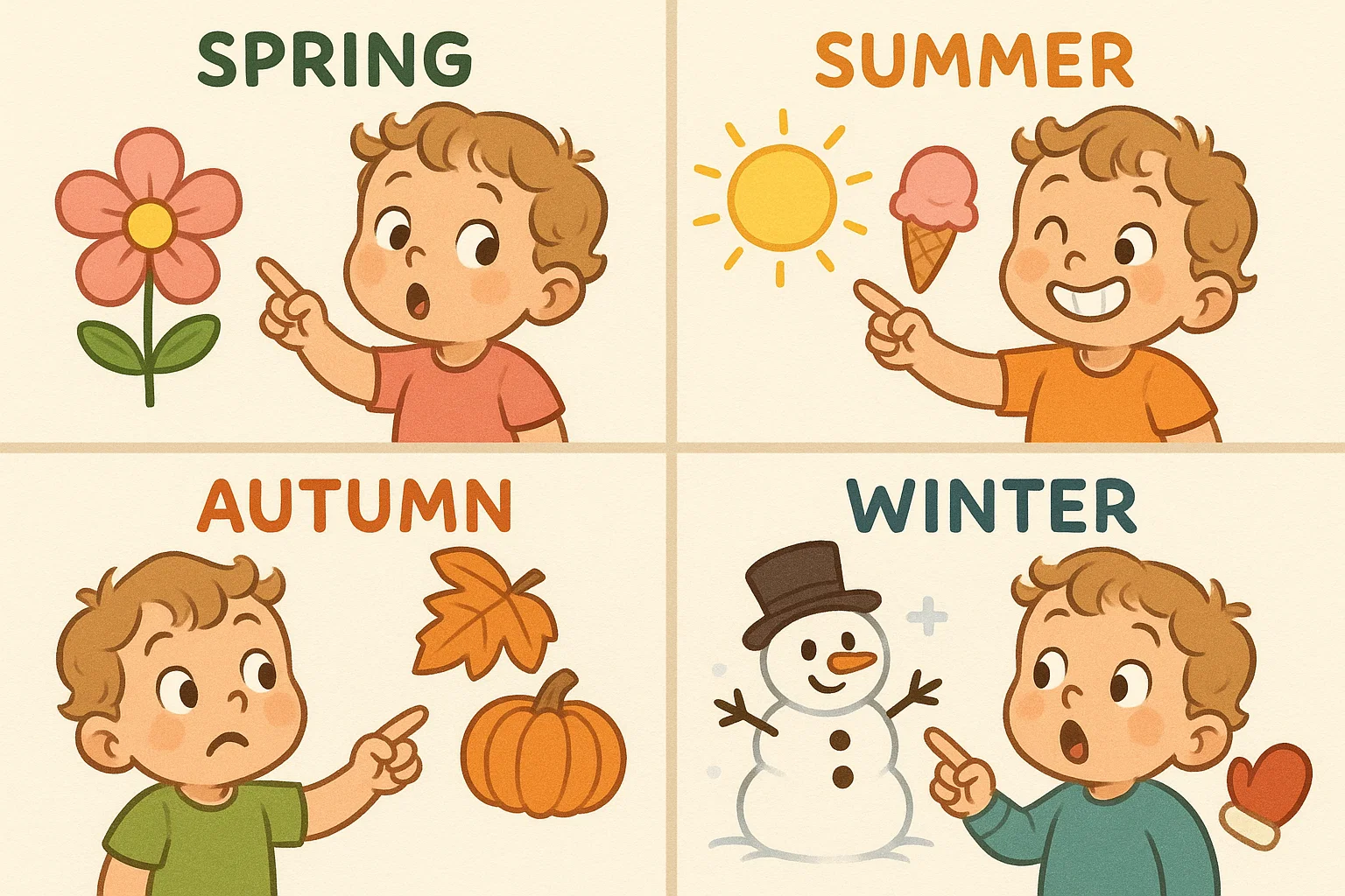 Toddler pointing to seasonal icons like flower, sun, leaf and snowman in four panels.