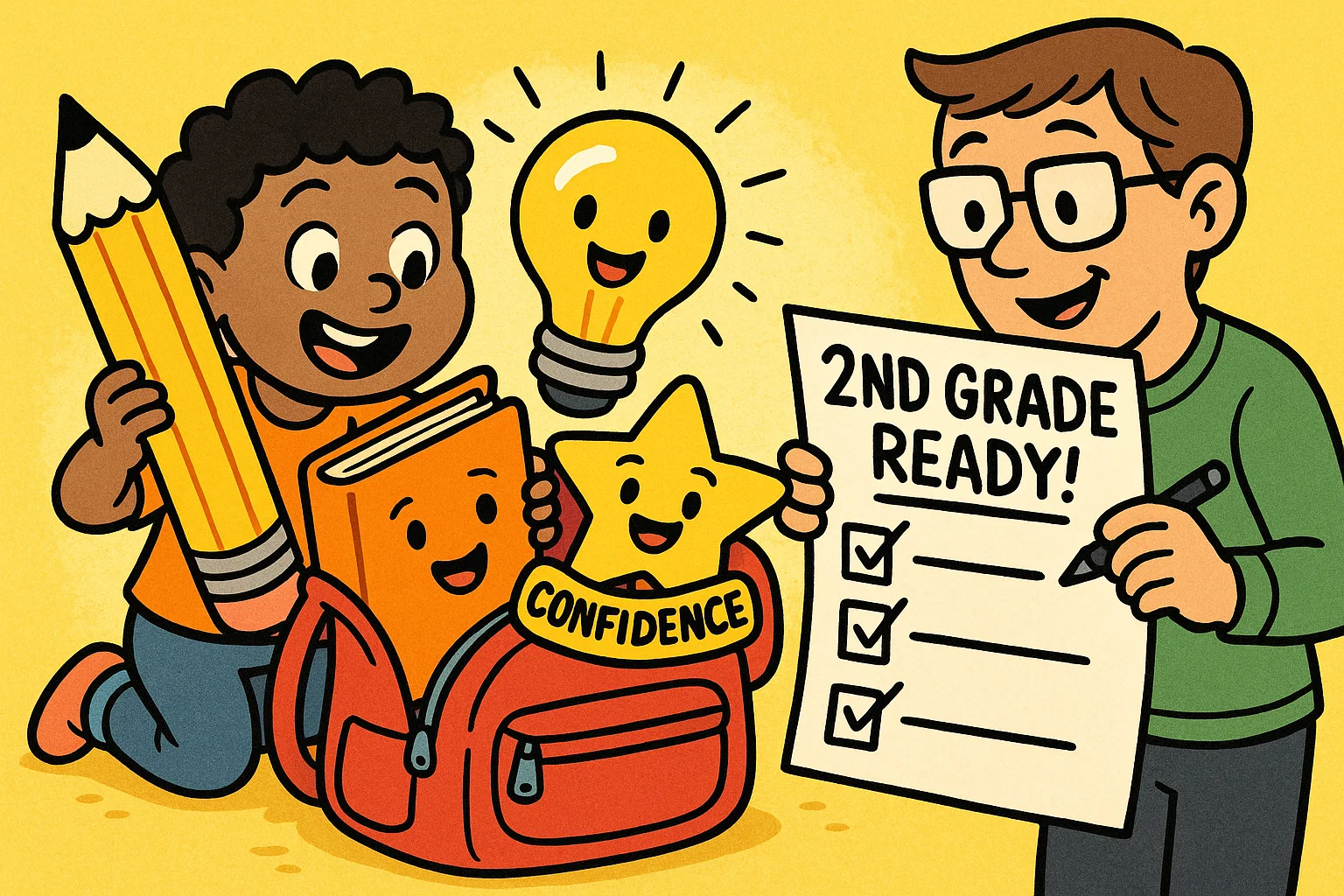 Cute second grade preparation tips cartoon with child organizing school items.