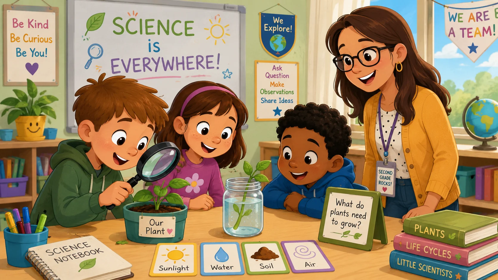 Second grade science skills classroom experiment with plants and students.