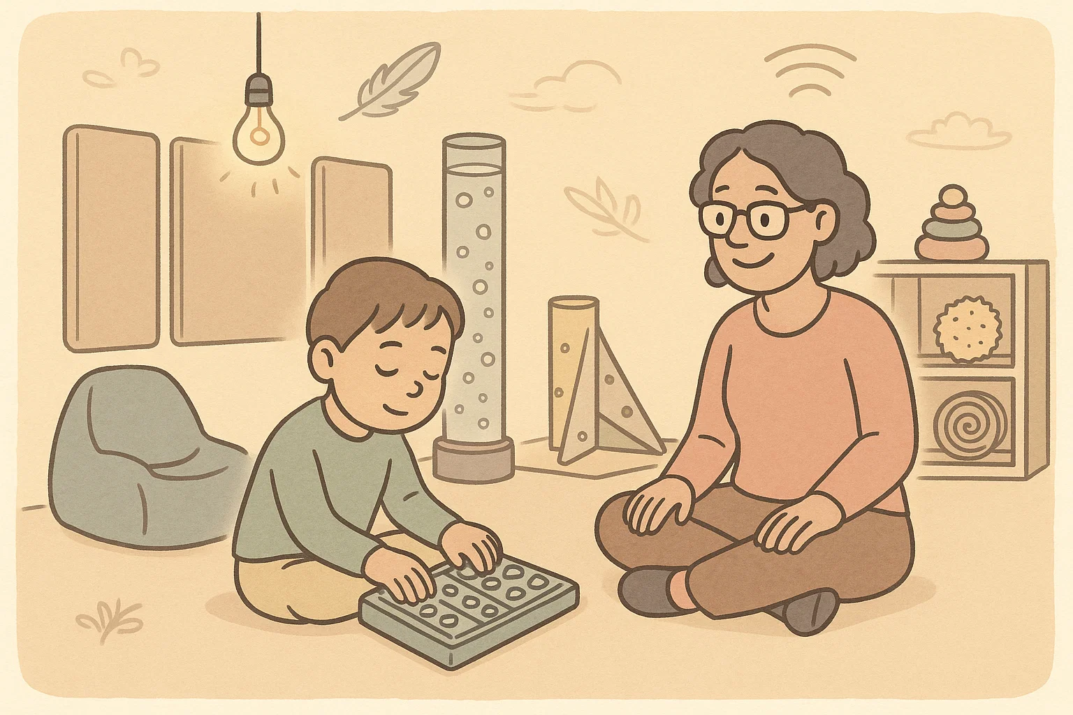 Sensory friendly room helping sensitive child relax with calm environment and toys.
