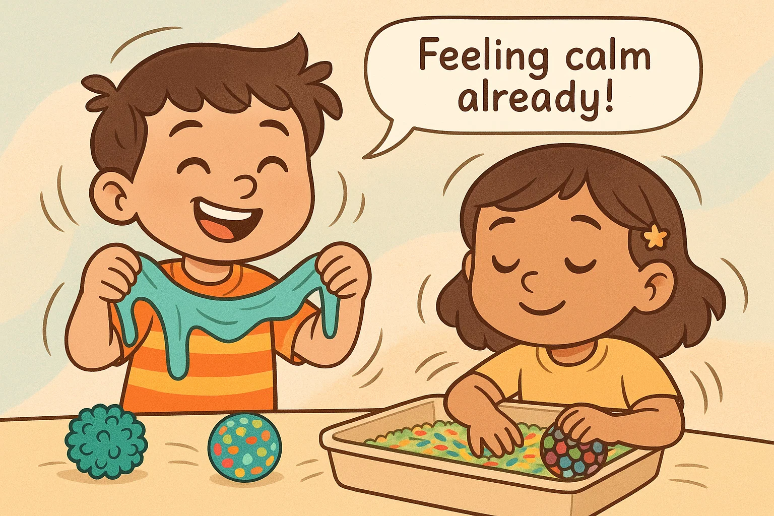 Children playing with sensory toys like slime and rice bins to reduce anxiety.