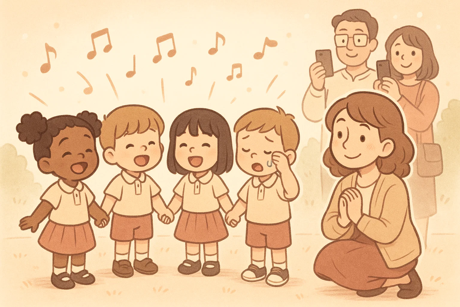 Sentimental kindergarten graduation songs cartoon with children singing a gentle goodbye.