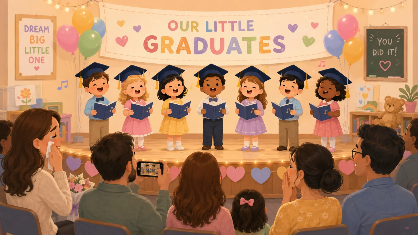 Sentimental kindergarten graduation songs performed by children on stage.