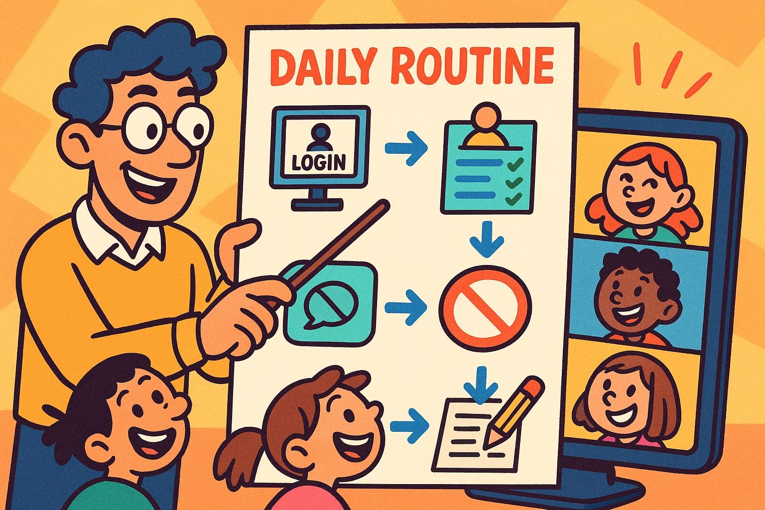 Teacher showing setting routines online classroom better behavior with clear digital class steps.