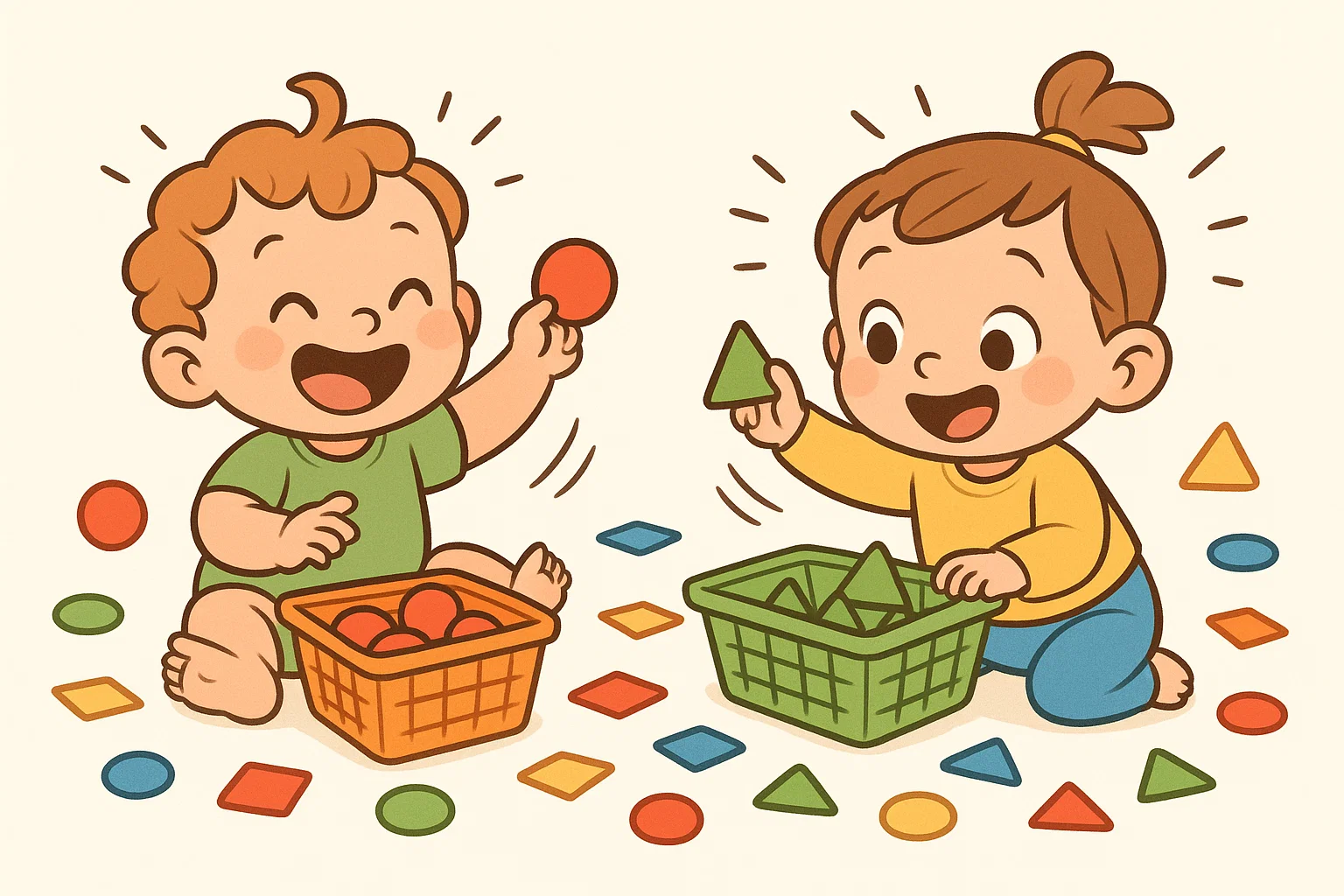 Toddlers sorting bright shapes and colors during educational play activity.
