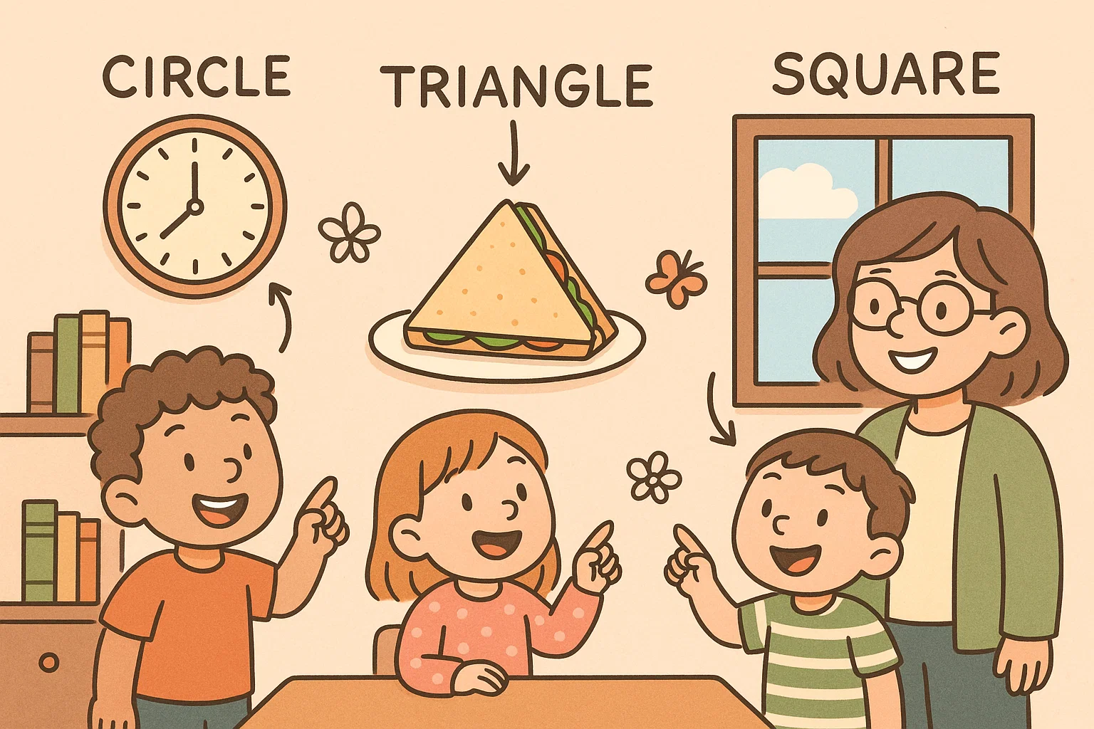 Shapes in daily life shown through kids identifying simple shapes in familiar objects.