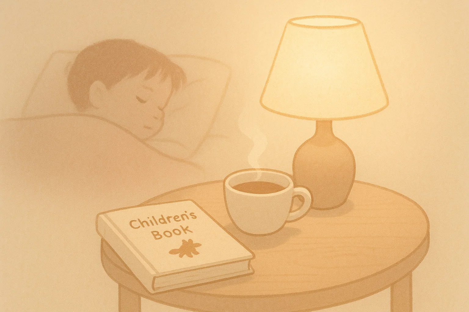 Cozy bedroom with book and lamp showing short calming bedtime story moment.