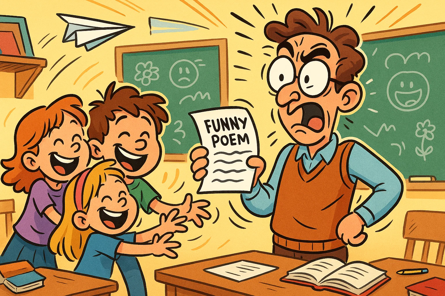 Short funny poems for teachers shown in a playful cartoon classroom with laughter.